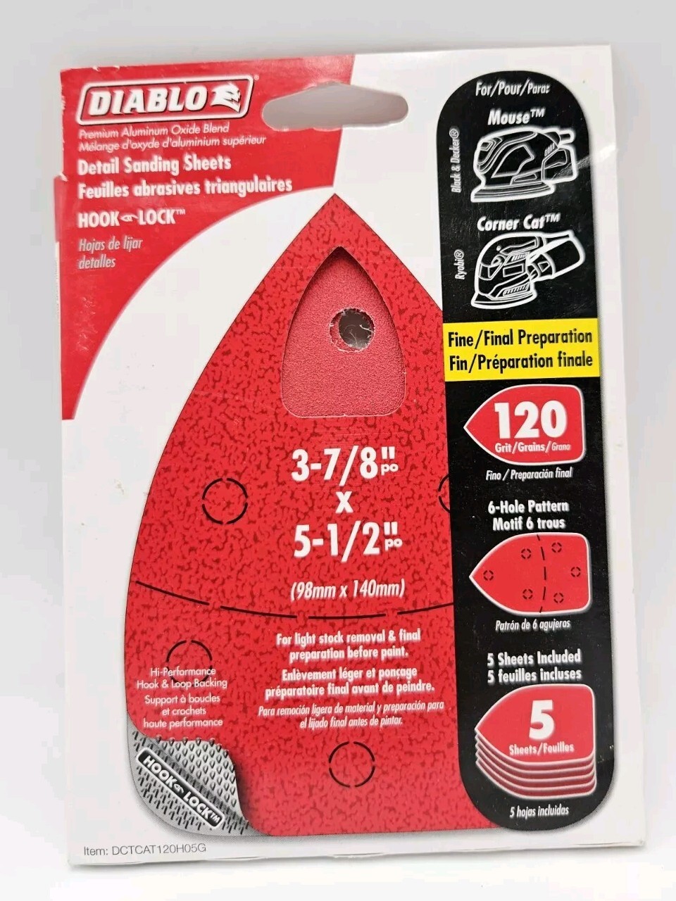 New Diablo 5-1/2in x 3-7/8″ 120 Grit Fine Aluminum Oxide Mouse Sandpaper 5-Pack