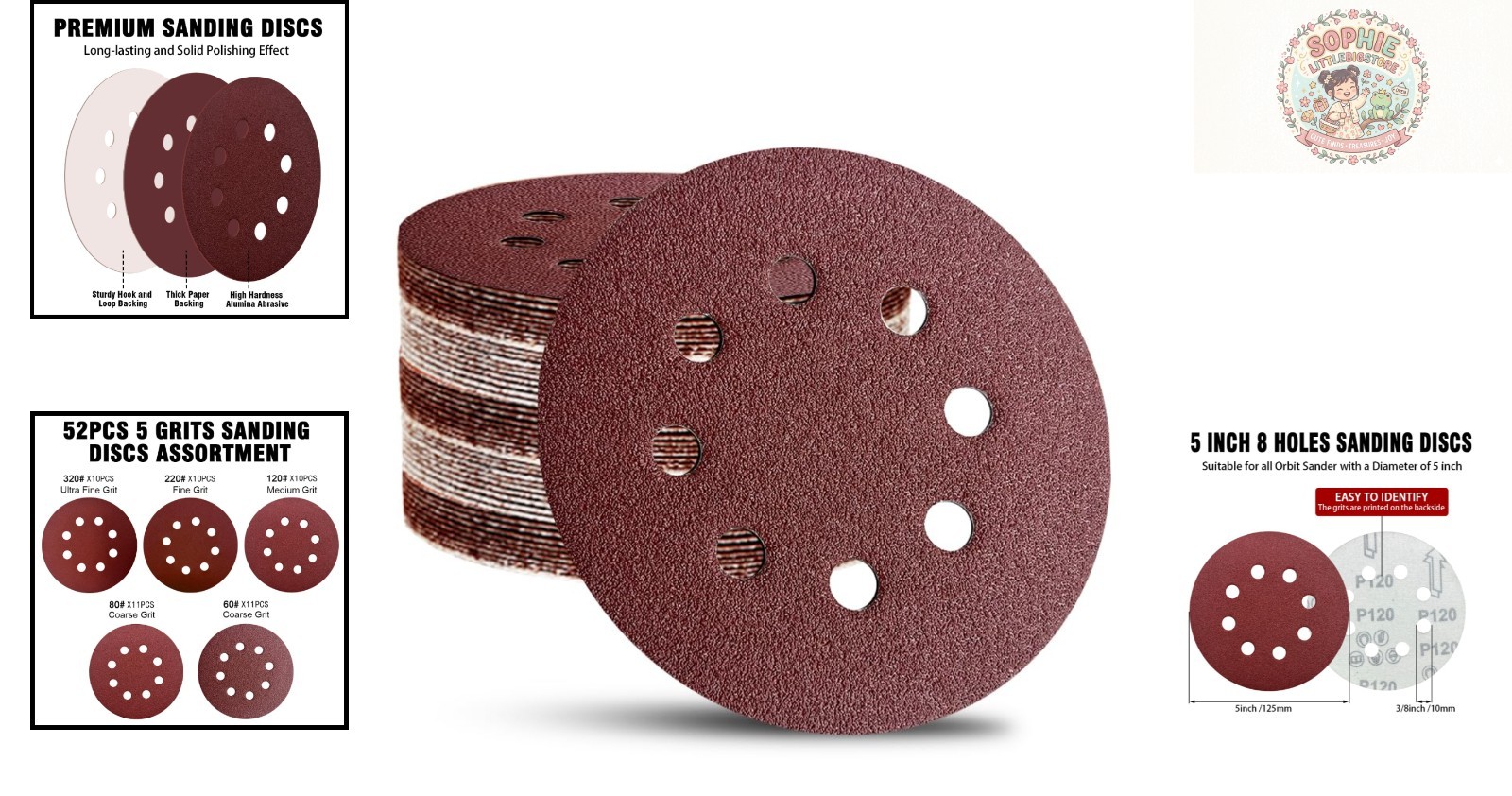 Versatile 52 Pack Sanding Discs – 5 Inch Hook & Loop for Multiple Materials