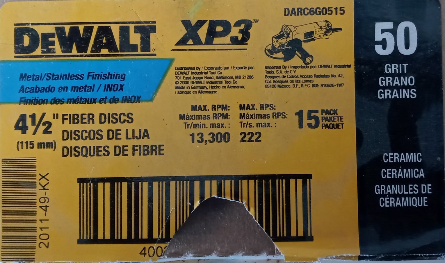 Dewalt DARC6G0515 Metal Stainless Finishing Fiber Discs 50grit 4-1/2″ 15-pack