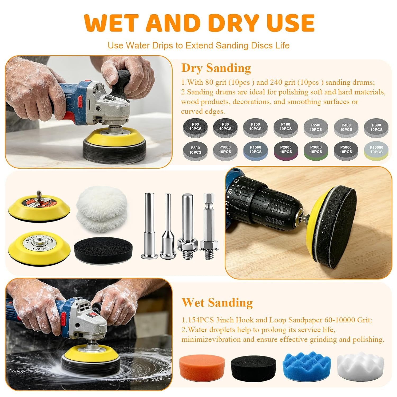 Wet Dry Sanding Discs Polishing Kit 3 Inch 154PCS Hook and Loop Pads | Headlight
