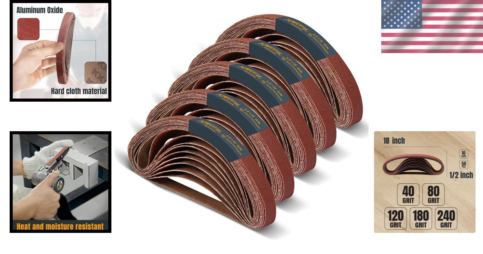 POWERTEC 1/2 x 18 Inch Sanding Belts, 50PK, 10 each of Assorted Sizes