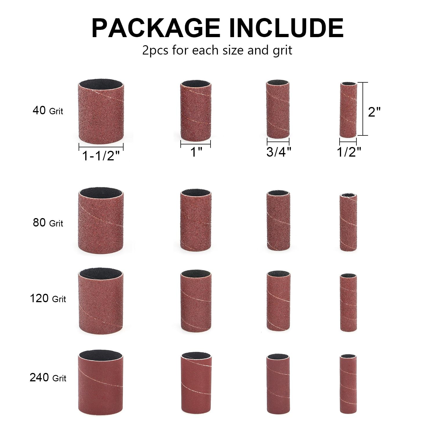 32 Pack Spindle Sander Sleeves, 2”Length, 1/2”,3/4”,1”,1-1/2” Diameter Sandin…