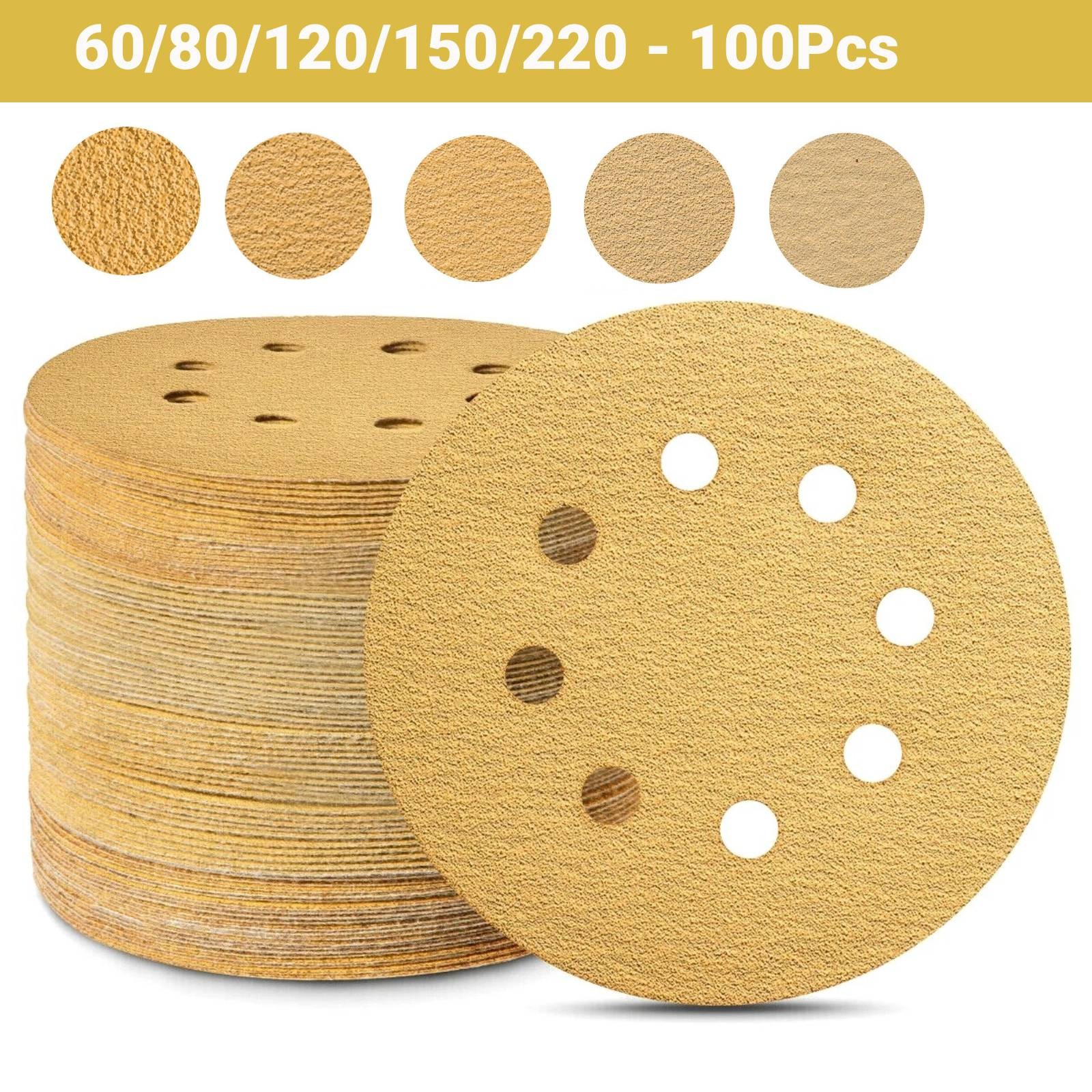 100PCS 5 inch 60 80 120 150 220 Grit Gold Sanding Discs 8-Hole Hook Loop NEW