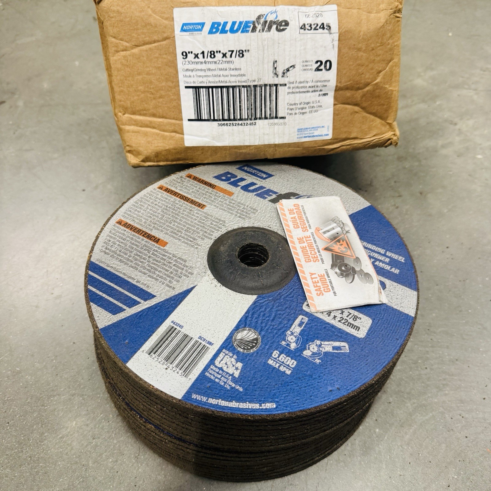QTY 20 Norton 66252843245 9×1/8×7/8 In. BlueFire Grinding Cutting Wheels 30 Grit