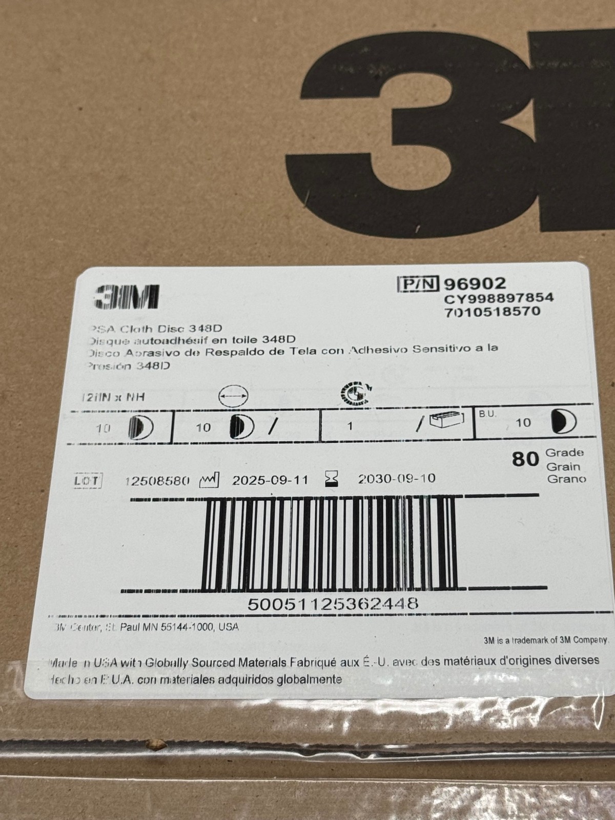 3M PSA Cloth Disc 348D 12in 80 Grit Adhesive Sanding Discs New Box of 10