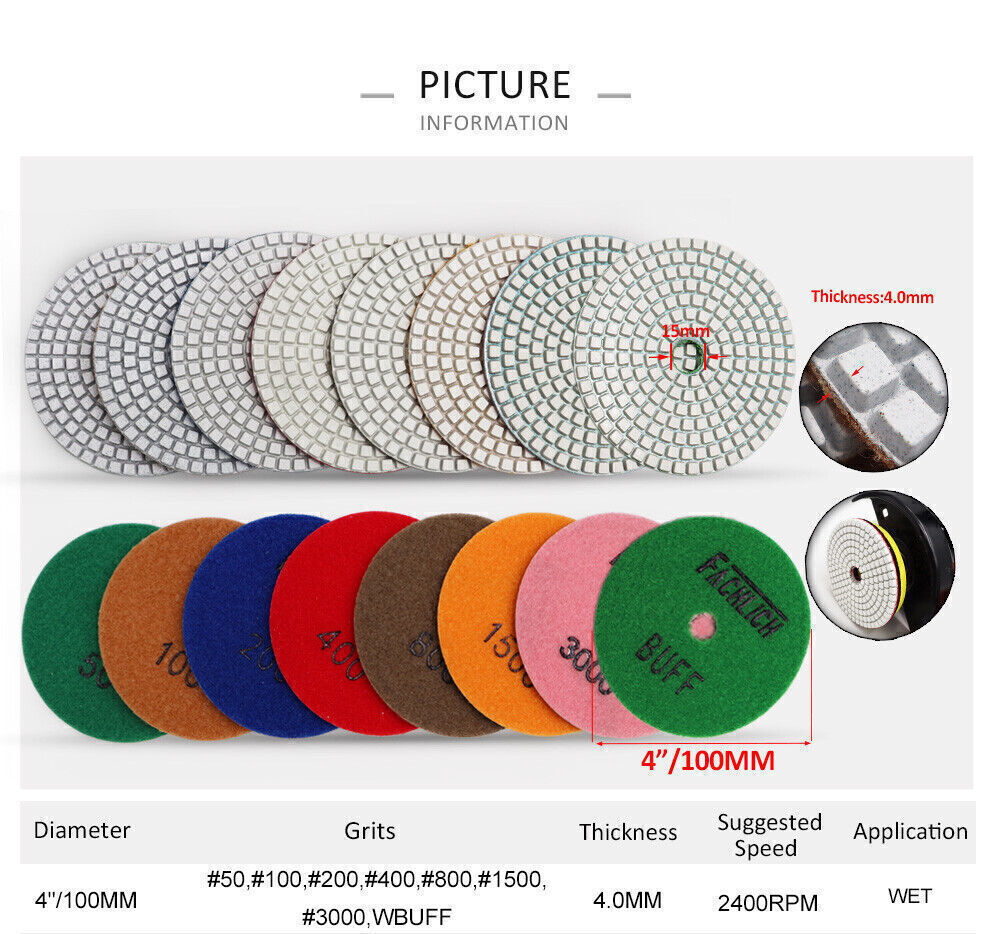 6pcs 4″ / 100mm Diamond Concrete Floor Wet Polishing Pads Sanding Grinding Discs