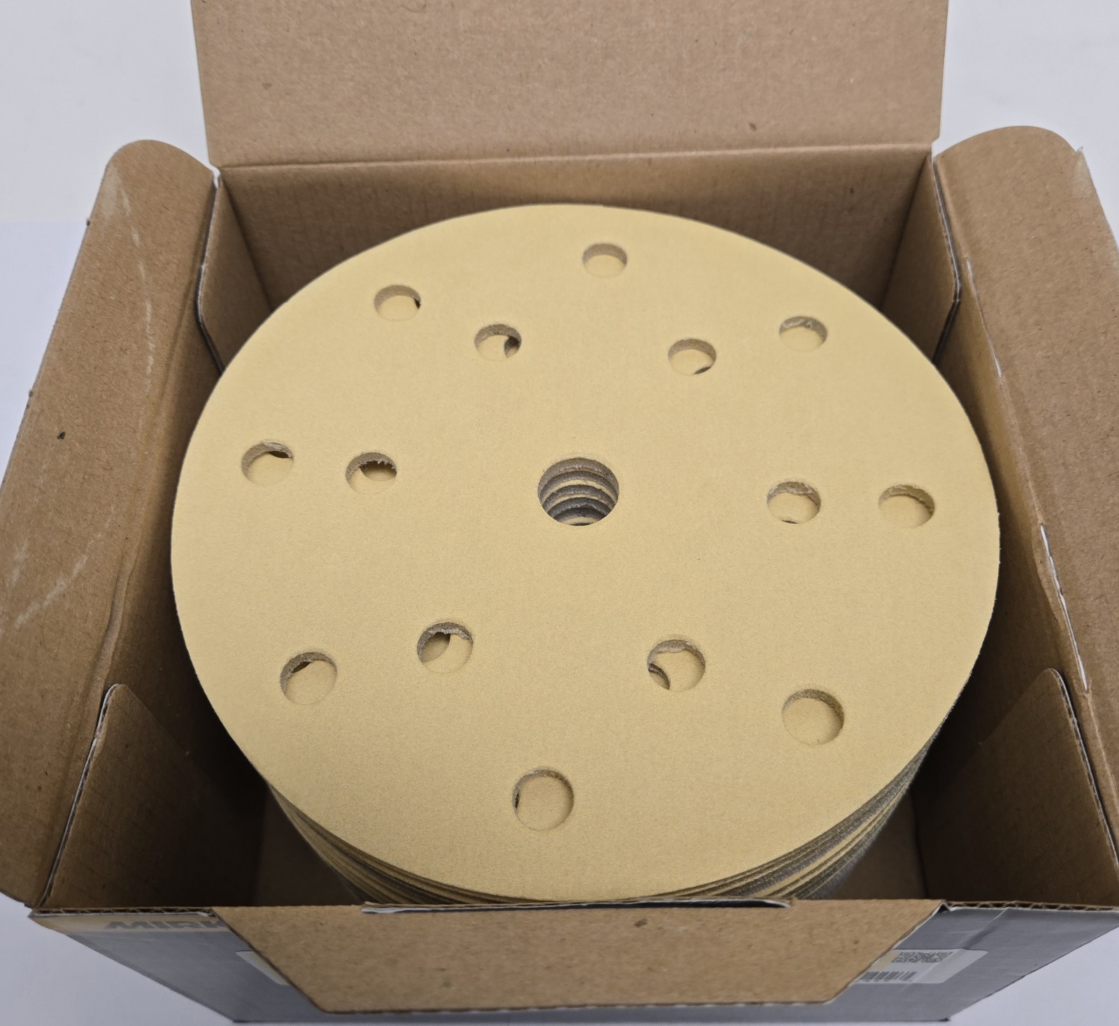 MIRKA SANDING DISCS 23-645-320. 6″ GOLD SOFT, 15 HOLE, P320 GRIT. BOX OF 20.