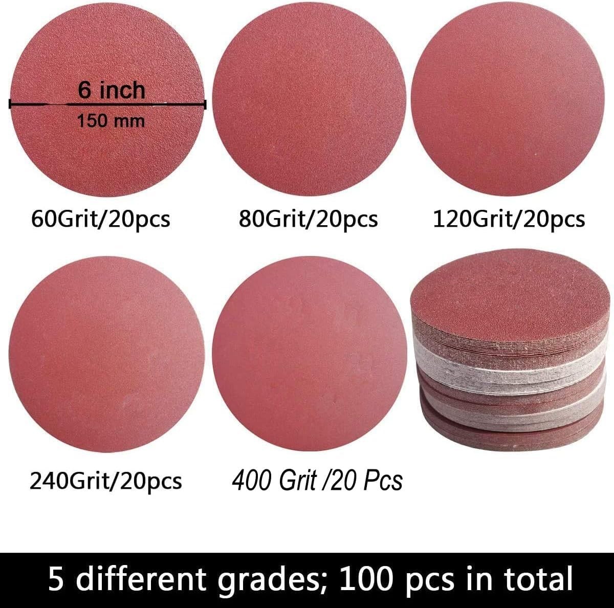 100 PCS 6 Inch No Hole Hook and Loop Sanding Disc Set- 60 80 120 240 400 Grit…