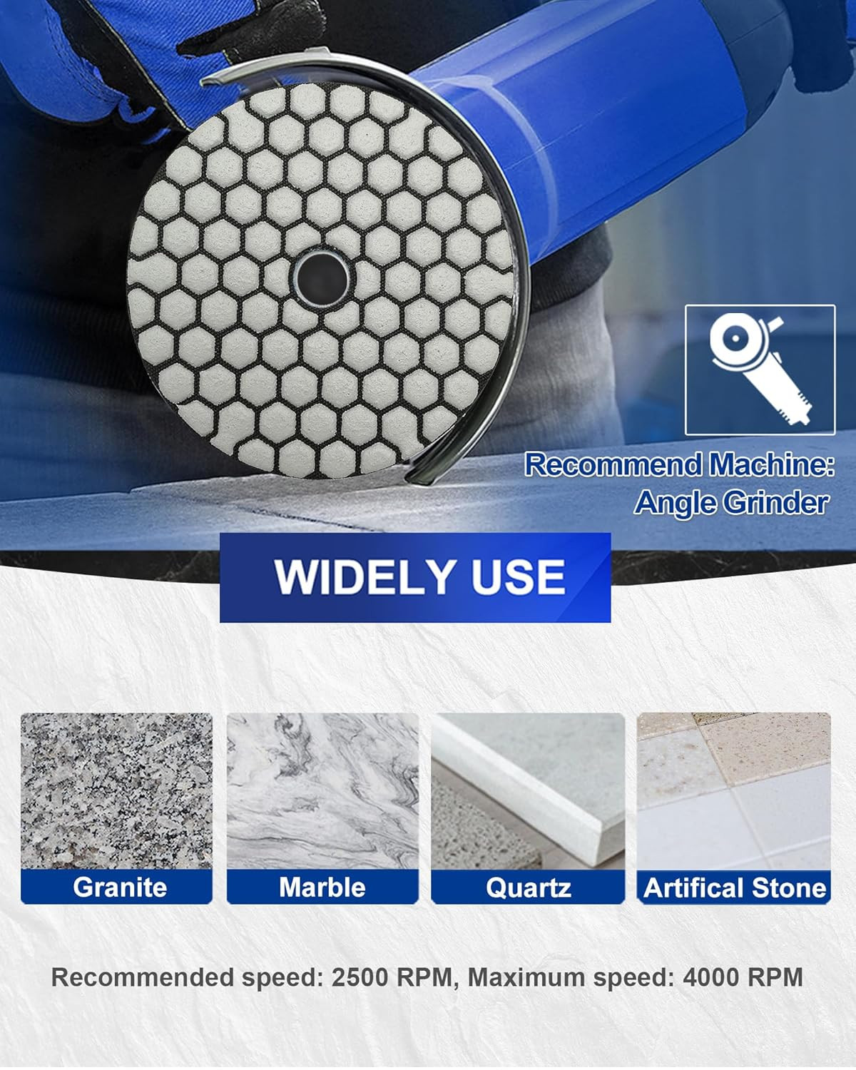 4″ Dry Diamond Polishing Pads Set 7 PCS Rubber Backer for Granite Marble Stone S