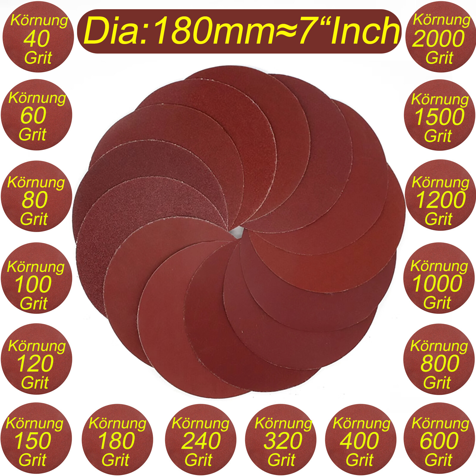 180mm Sanding Discs 7 inch Sander Pads Sandpaper 40 – 2000 grits Hook & Loop/Red