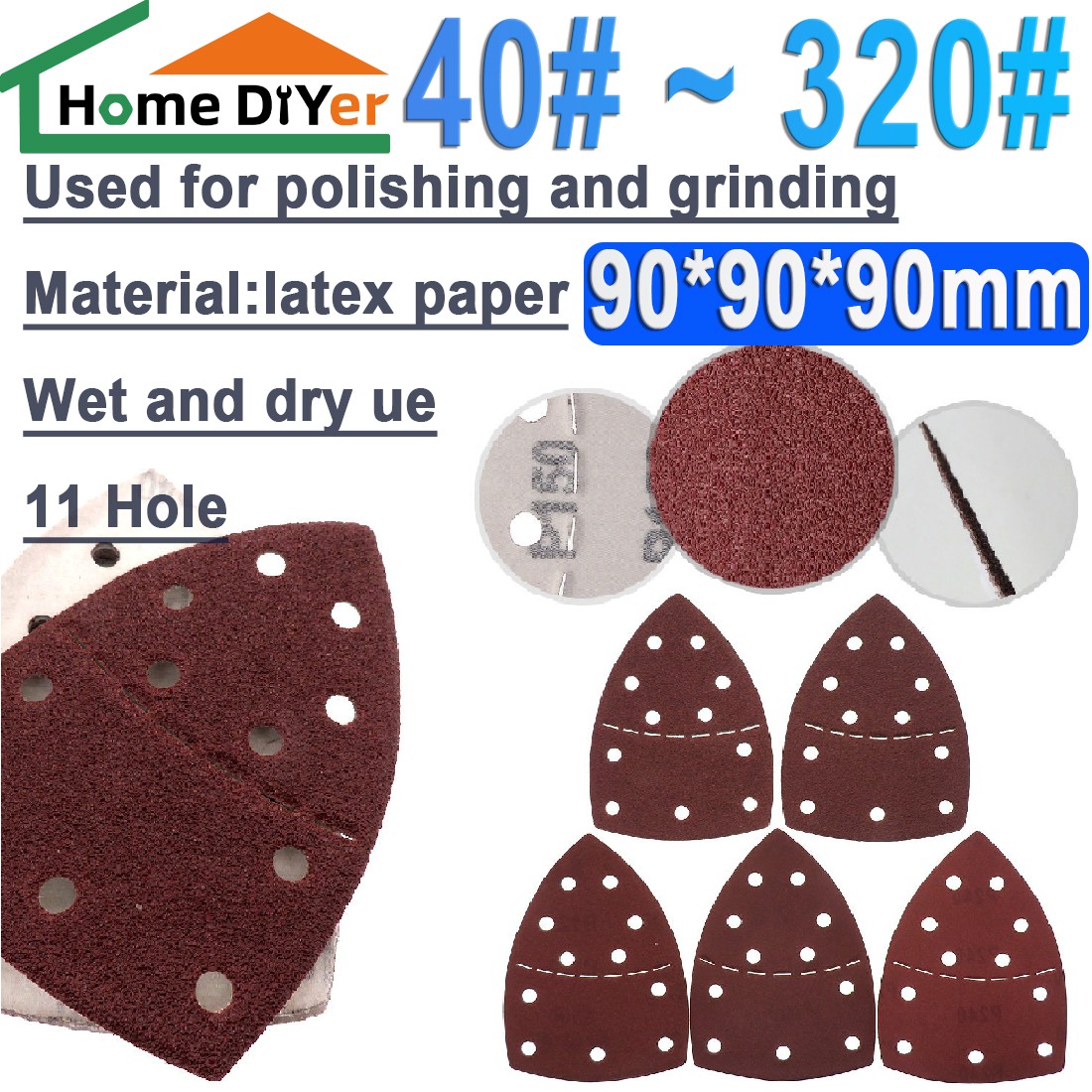 P40-P320 Sanding Sheets Hook&Loop Triangle Palm Sander Pads Sandpaper 11 Hole