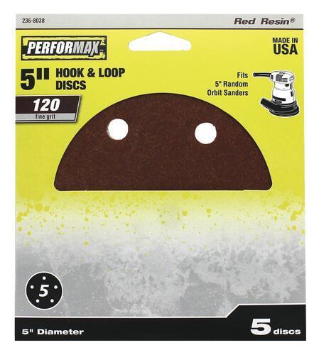 5″ 120-Grit Fine 5-Hole Hook & Loop Sanding Disc Orbital Sandpaper – 5 Pack