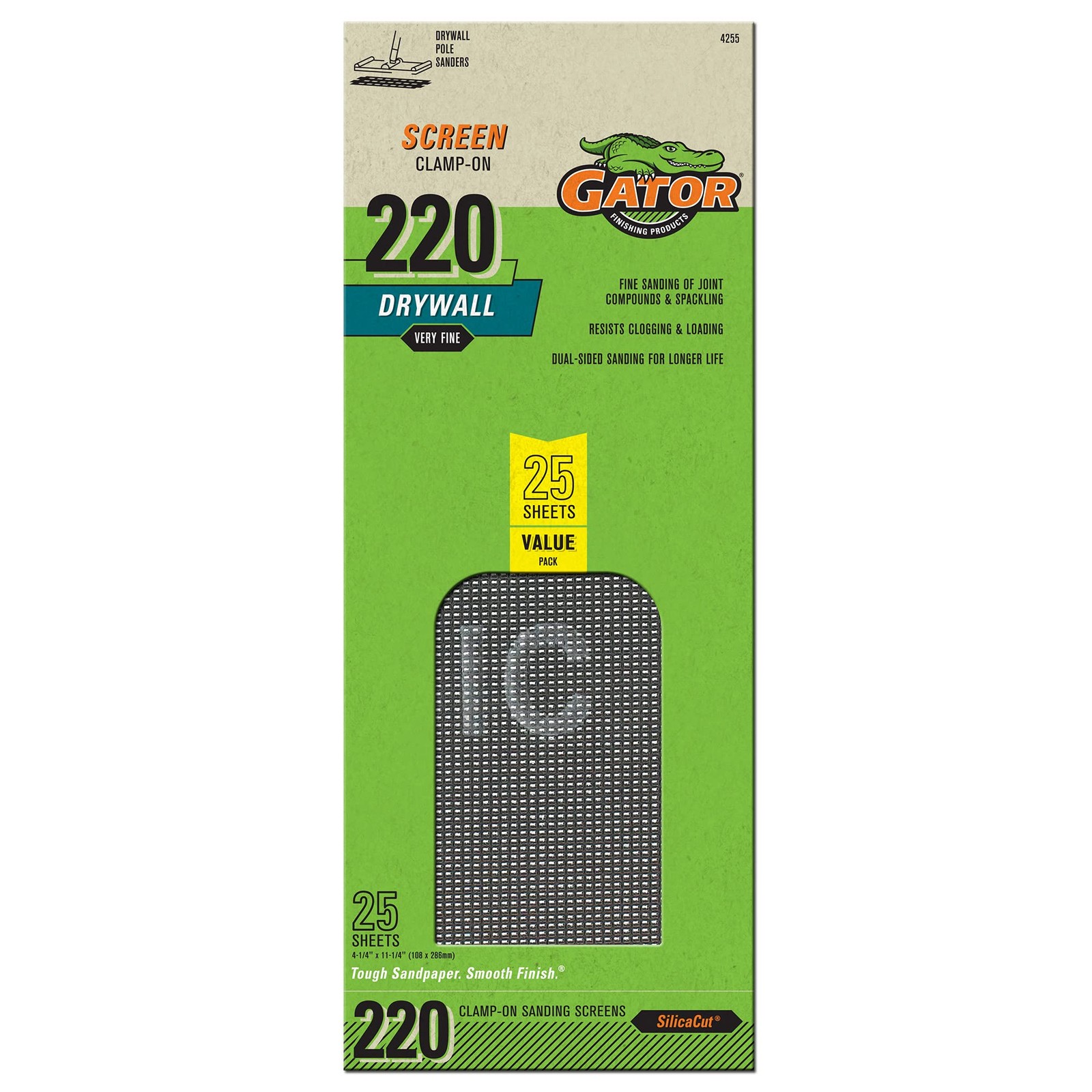 Clamp-On Precut Drywall Sanding Screen, 4-1/4″ x 11-1/4″, 220 Grit, 25 Pack