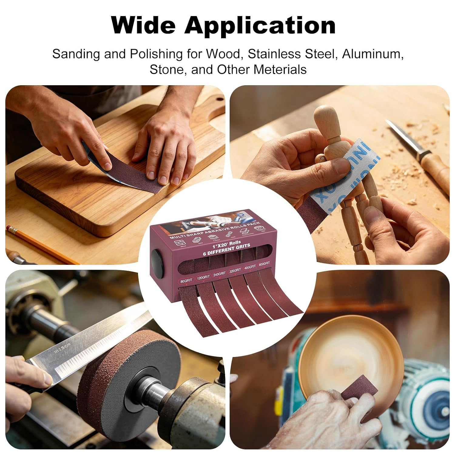 Emery Cloth Sandpaper Roll with Dispenser Aluminum Oxide 6 Pack 80-600 Grit 1 in