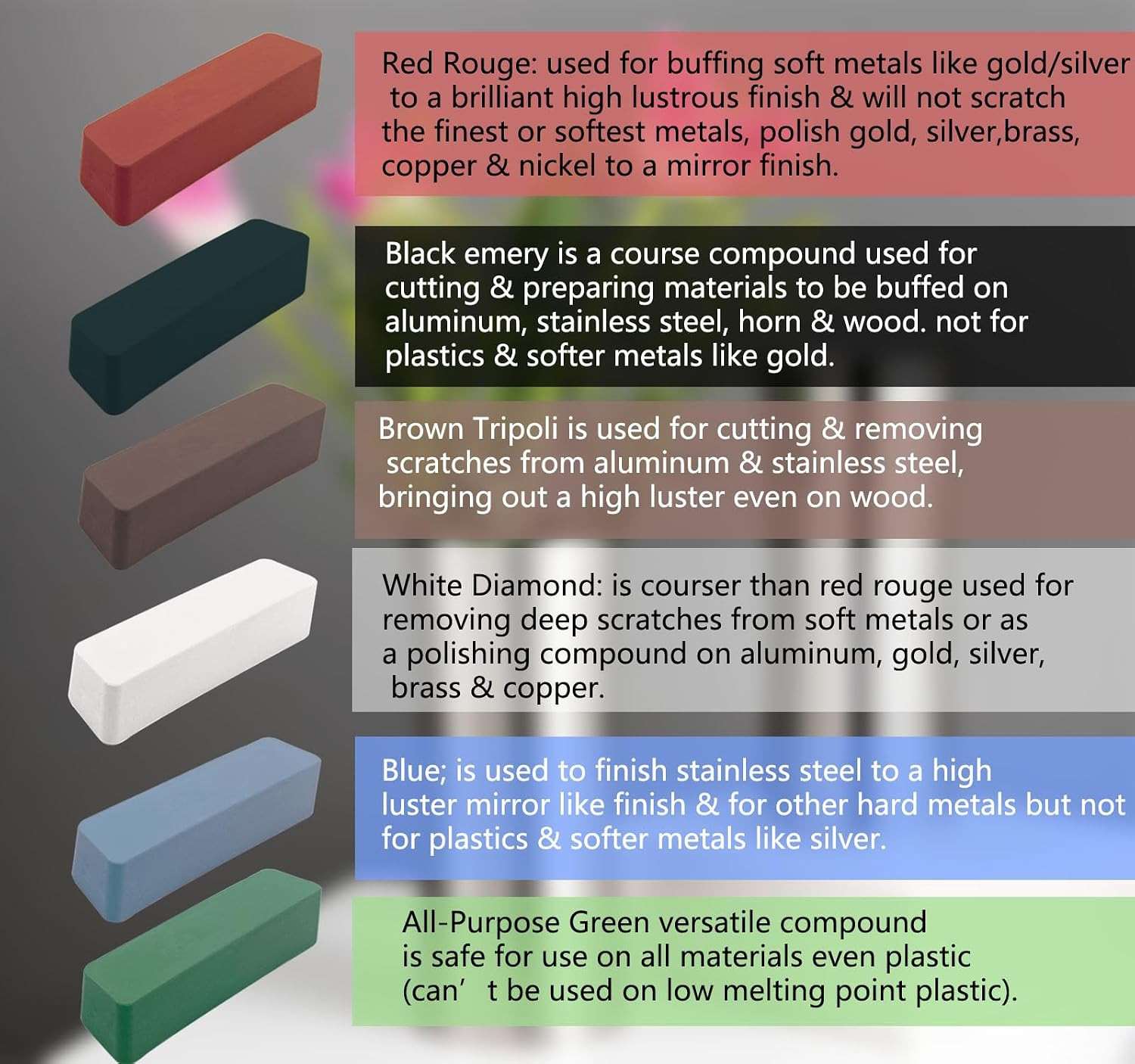6 Pcs Metal Buffing Polishing Compound for Buffing Wheel, Buffing Wheel