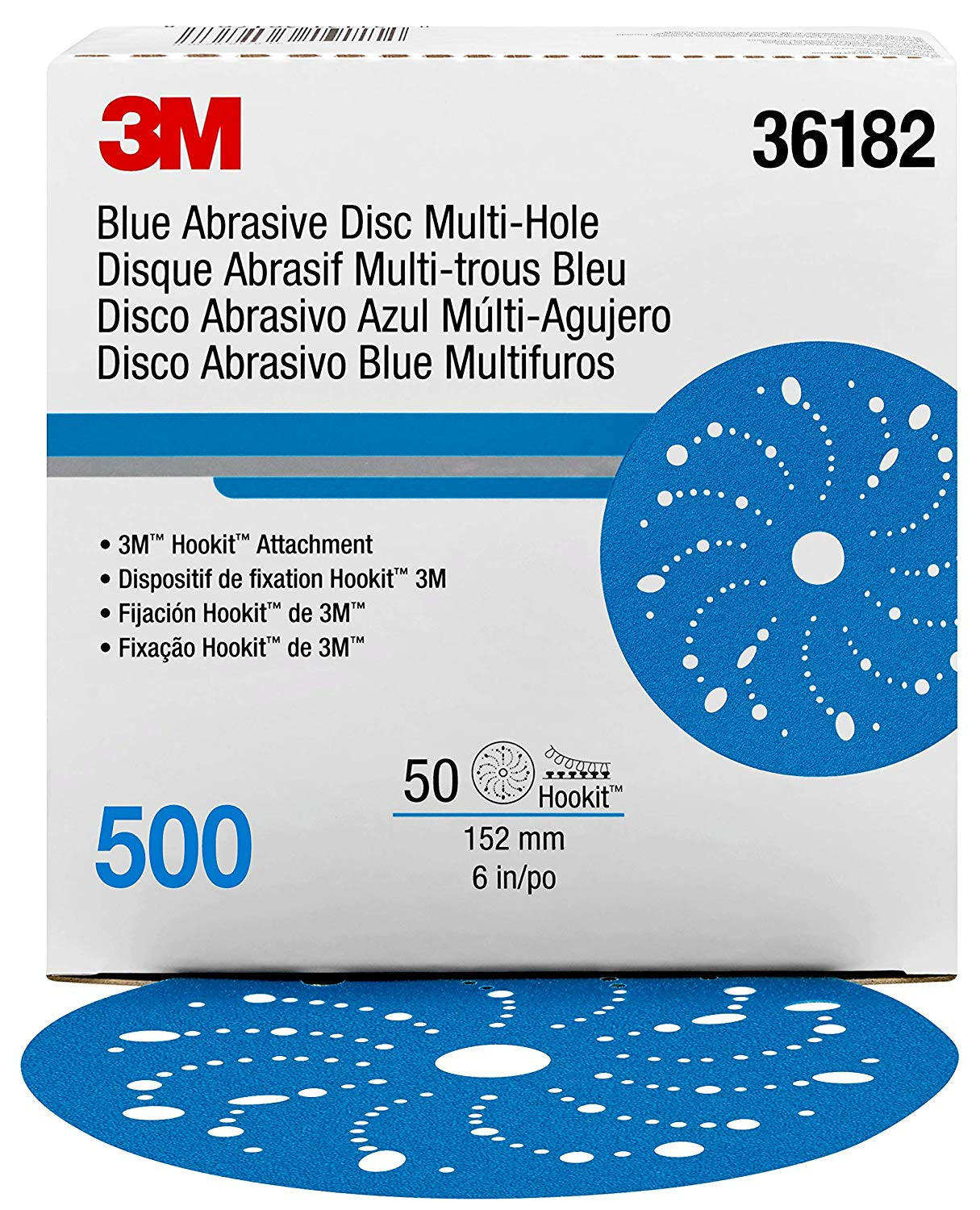 3M 36182 Hookit Blue Abrasive Disc 6″, 500 Grade, 50/Box