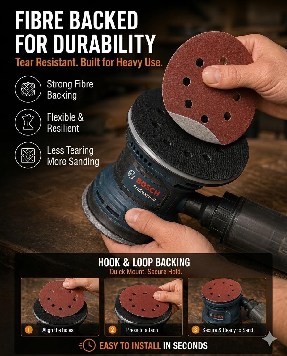 300PCS 5″ Hook & Loop Sanding Discs, 8 Hole P40-P400 Assorted for Wood, Metal, A