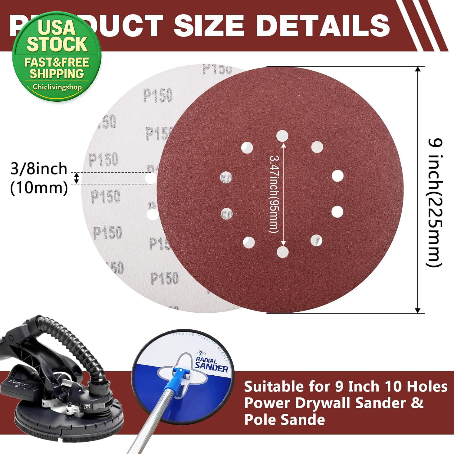 9 Inch 10-Hole Sanding Discs 50 Pack 80 Grit Aluminum Oxide for Drywall Sander