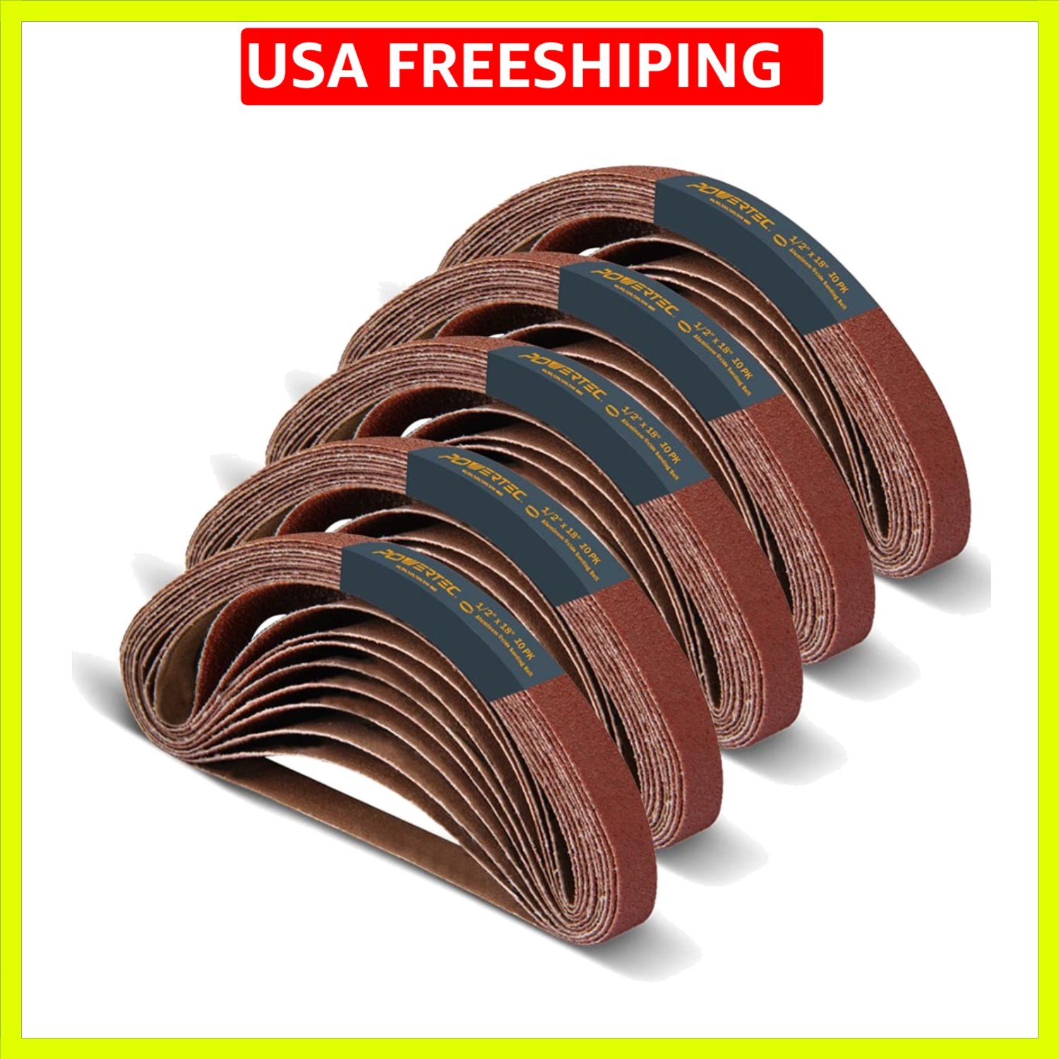 1/2 x 18 Inch Sanding Belts, 50PK, 10 each of 40/80/120/180/240 Grits, Alumin…