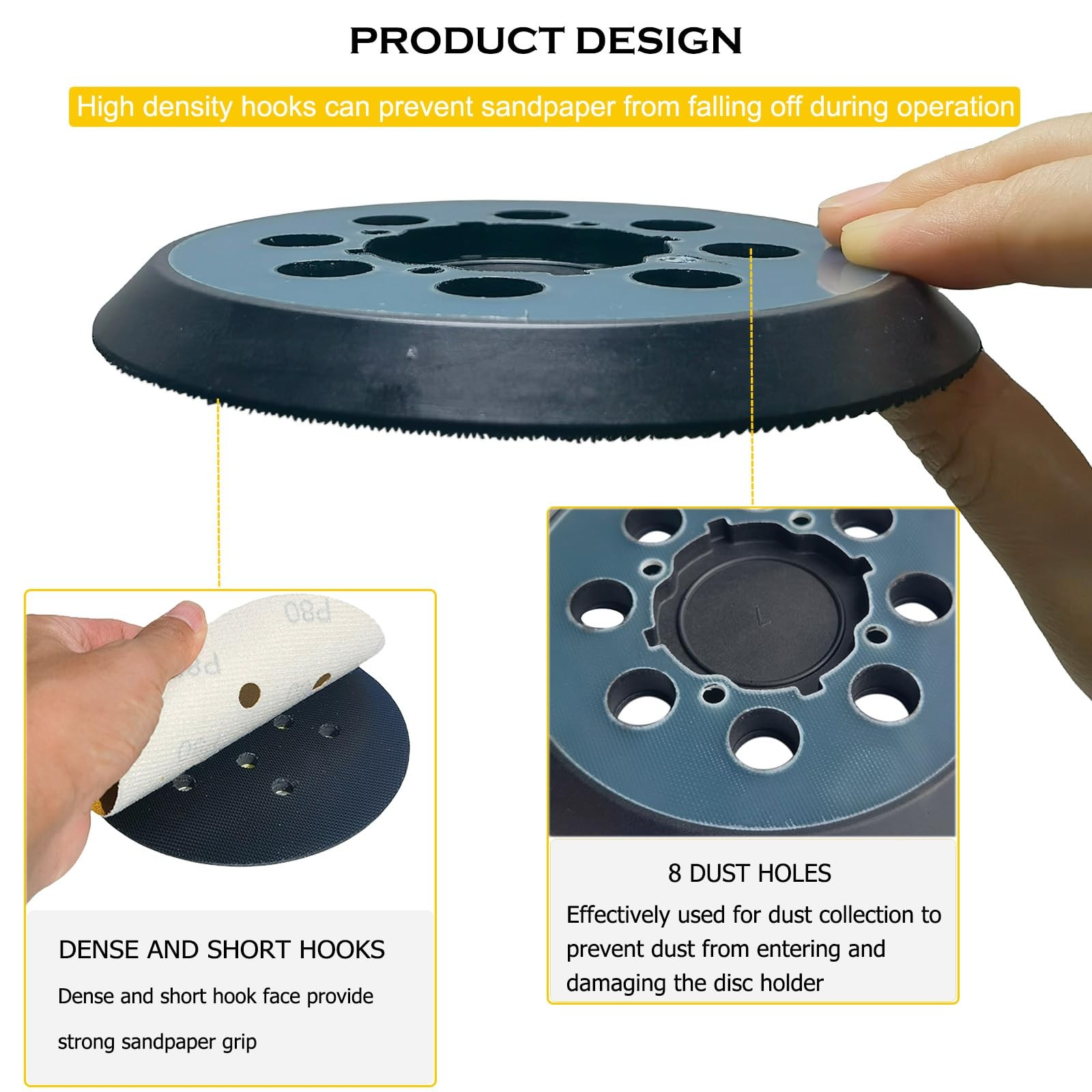 5″ 8 Hole Hook and Loop Replacement Sander Pad for Dewalt 5 inch, Black