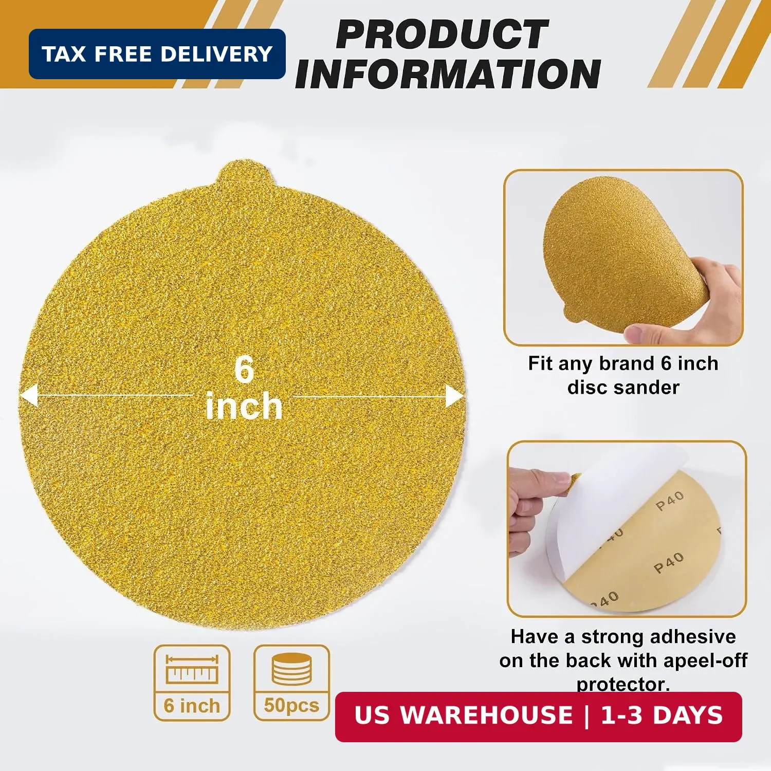 50 PCS 6 Inch PSA Sanding Discs 40 Grit Self Adhesive Sticky-Back Sandpaper for