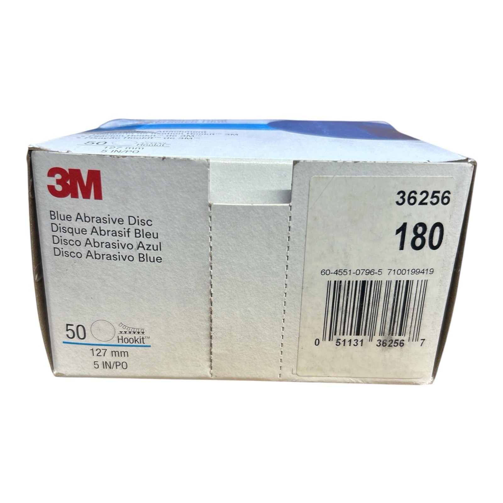 3M Hookit Blue Abrasive Disc, 36256, 5 in, 180 grade, No Hole 50pc