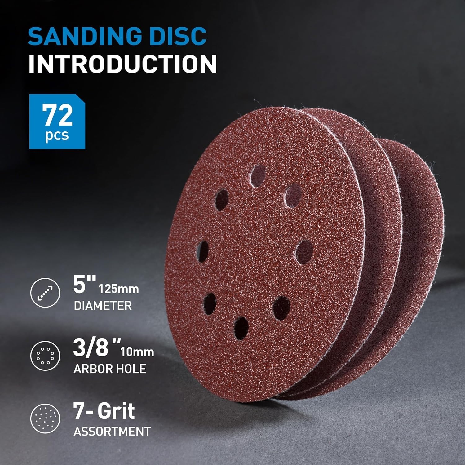 72 Count 5-Inch Hook and Loop Sanding Discs for Orbital Sander – Assorted Grits