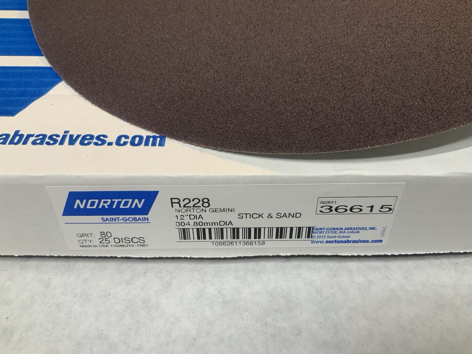 (25) Norton 12” Sanding Disc Cloth PSA Disc 80 Grit R228 AO 25 Count