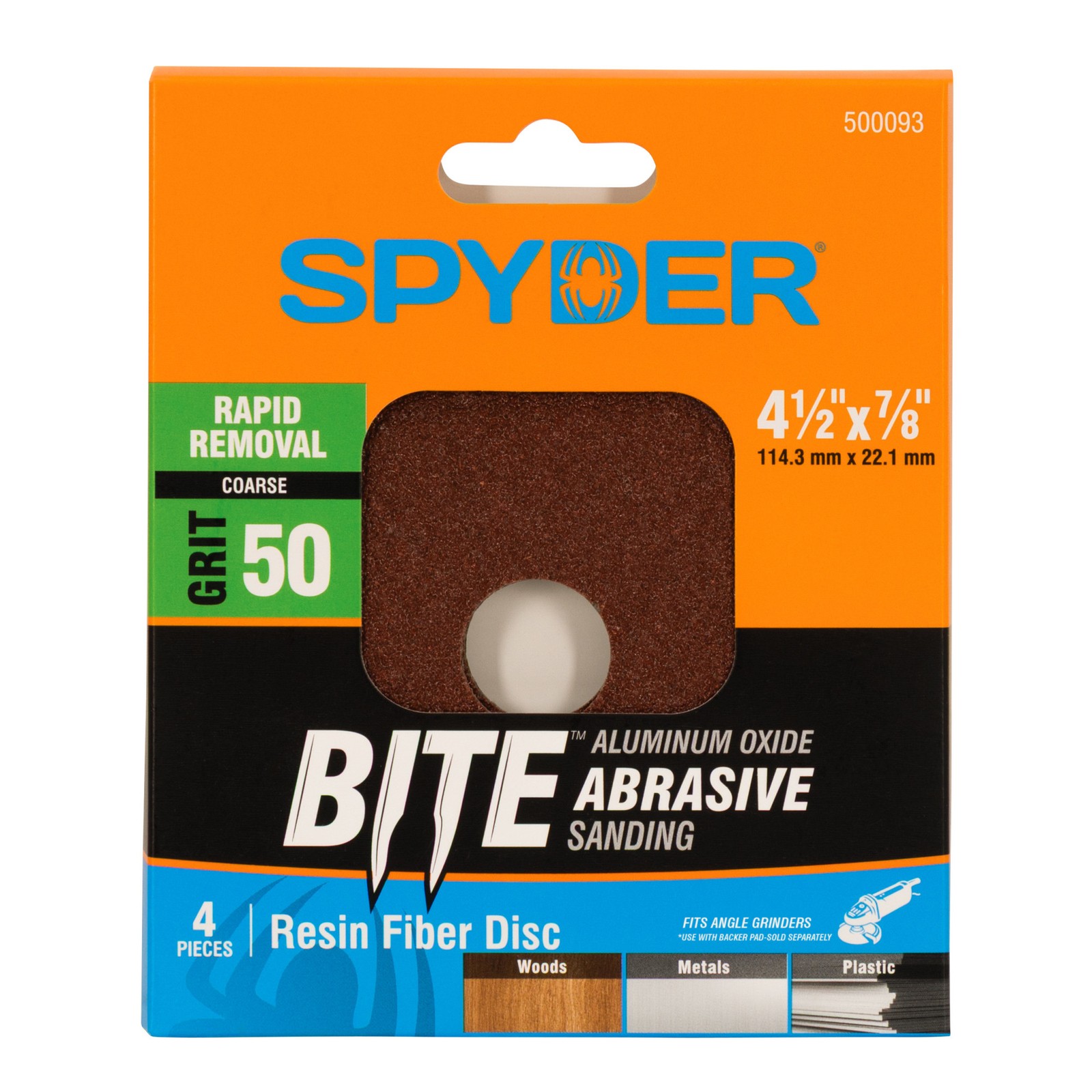 Spyder 4-1/2-Inch x 7/8-Inch 50 Grit Resin Fiber Sanding Discs (4-Pack), 500093
