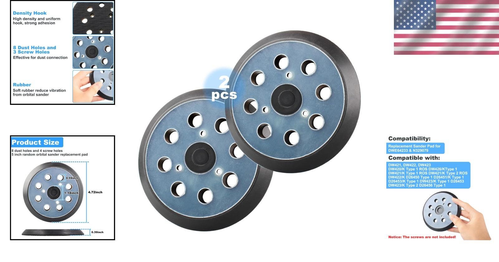 2 Pack 5 Inch 8 Hole Hook & Loop Replacement Sander Pad for 5″ Bosch ROS20VS