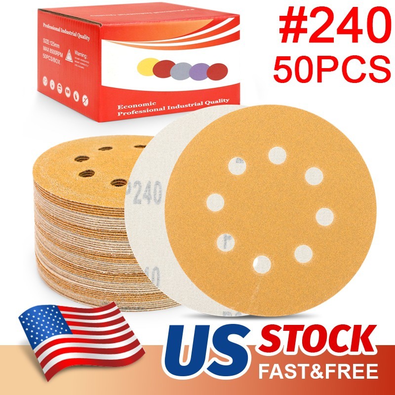 50Pc 5 inch Sanding Discs 8-Hole Hook Loop for Orbital Sander Paper 240 Grit Wet