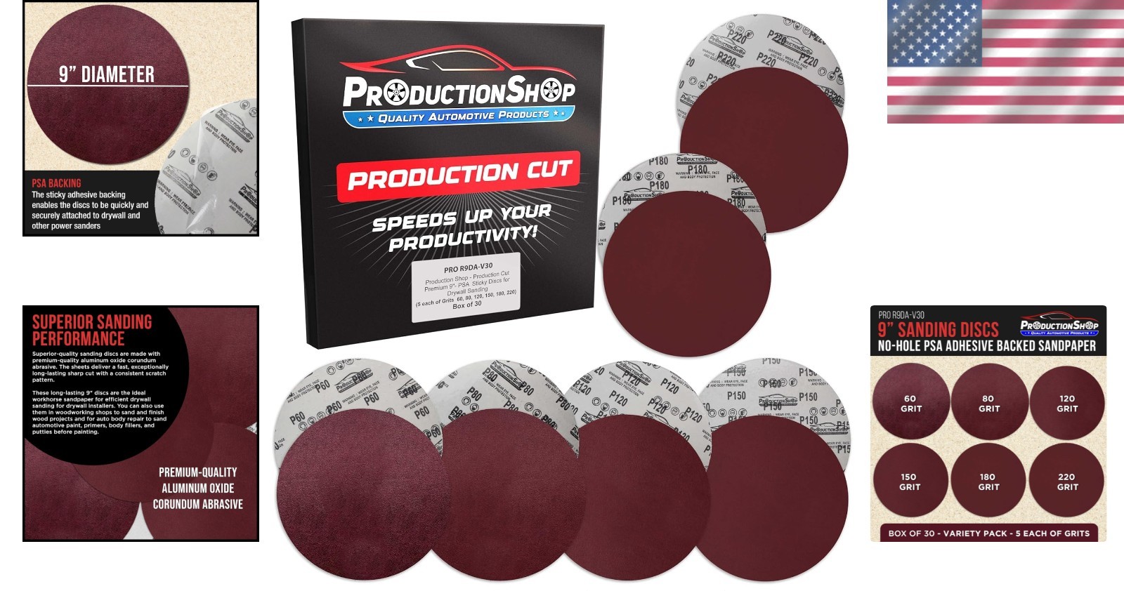 Sanding Discs 9 Inch Variety Pack 30pcs Grits 60 80 120 150 180 220 Auto Paint