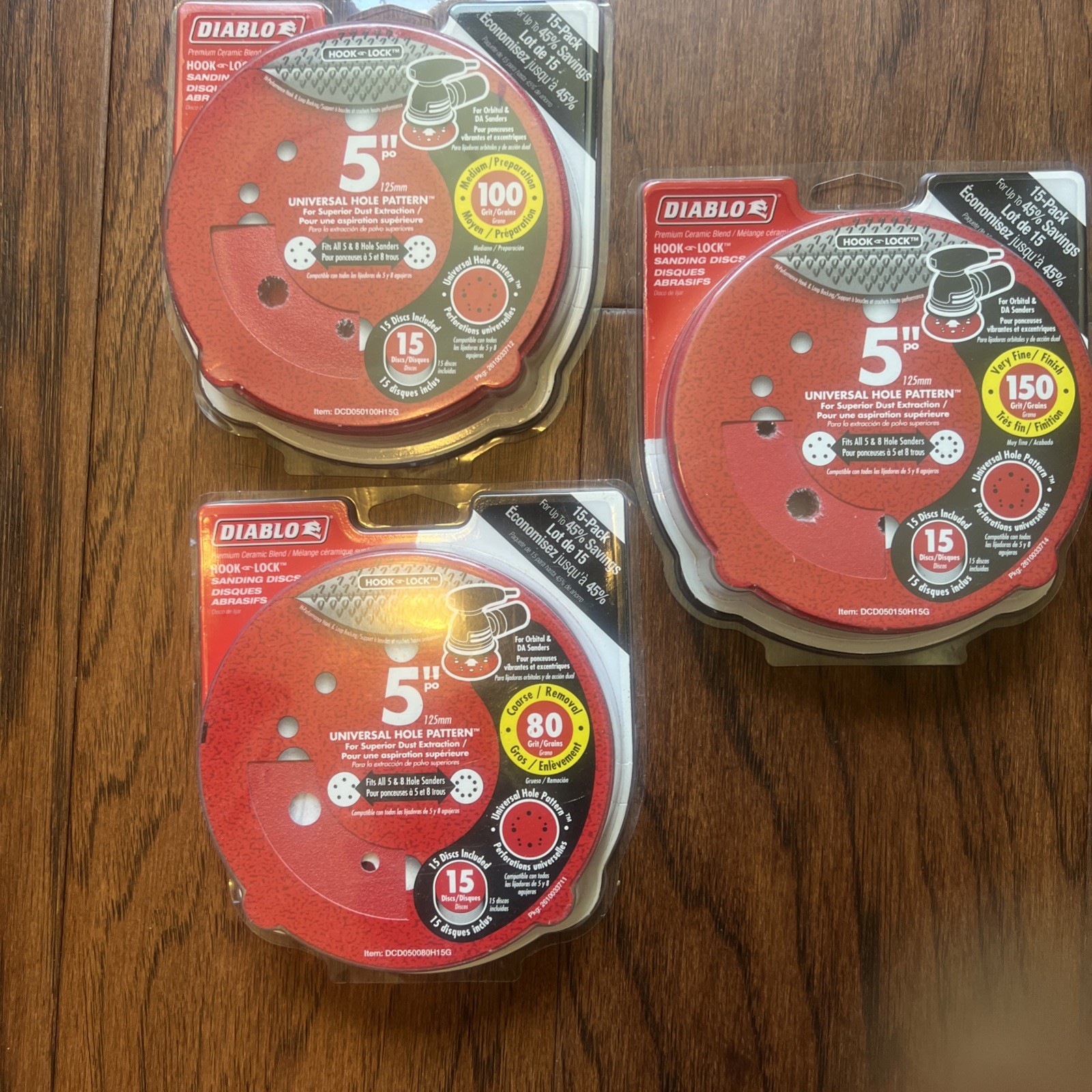 Diablo 5” Hook & Lock Sanding Discs (15) Pack 80, 100, 150 Grit Lot Of 3
