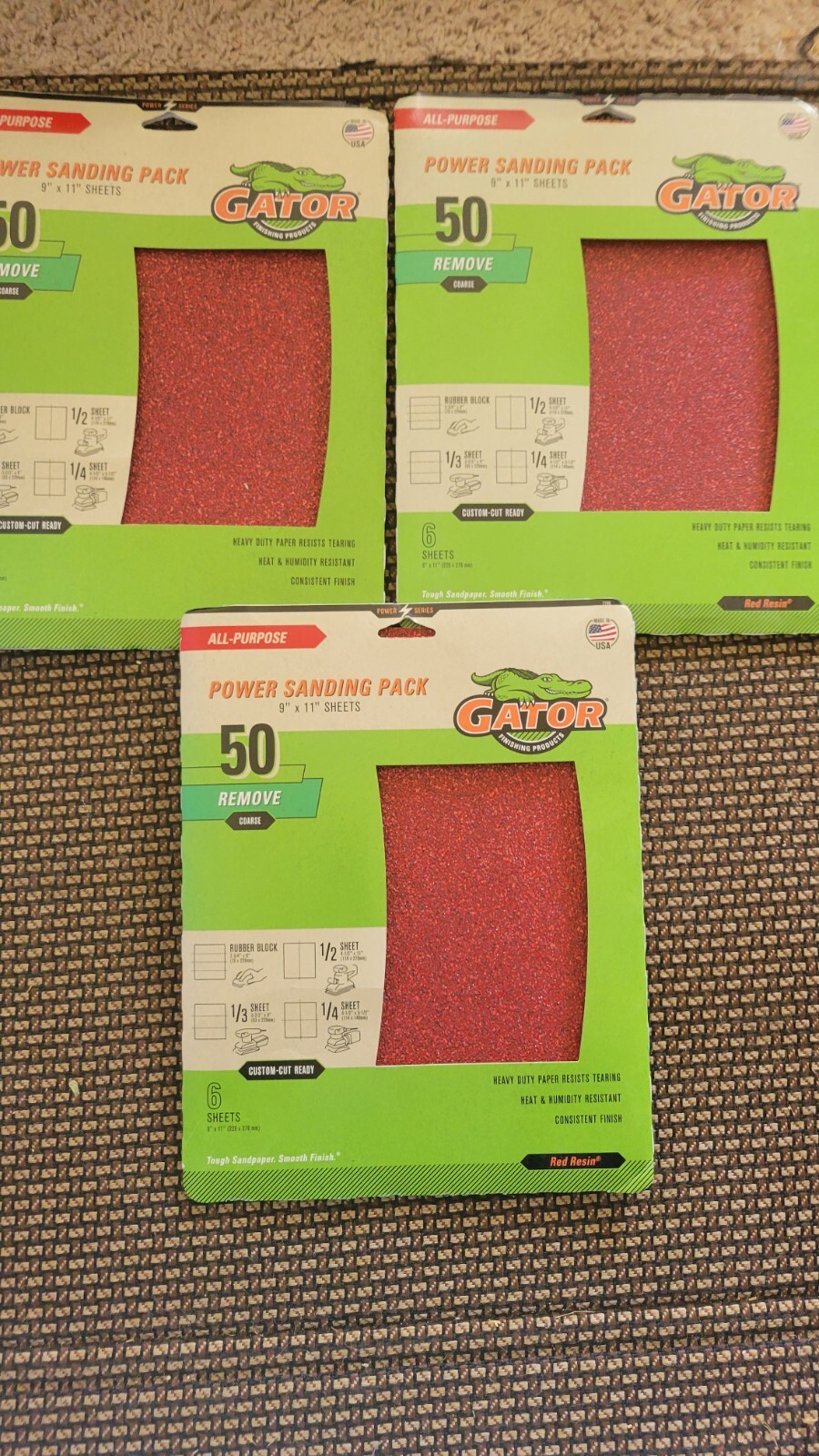 Gator Sandpaper Power Sanding 9″X11″ 6 Sheets 50 Grit All Purpose (LOT OF 3)