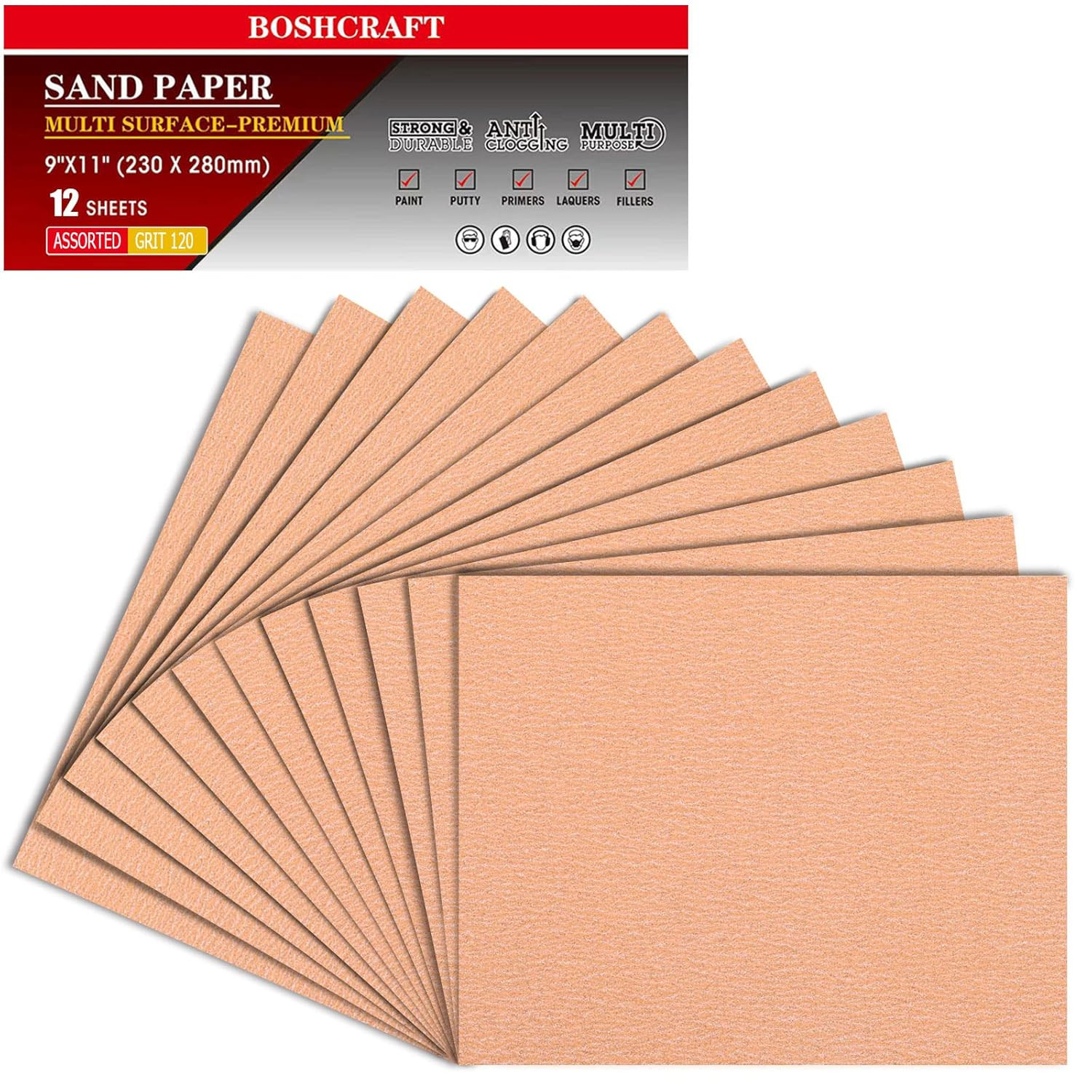 120 Grit Sand Paper 9″ X 11″, 12 Sheets – Premium Aluminum Oxide Sandpaper for W