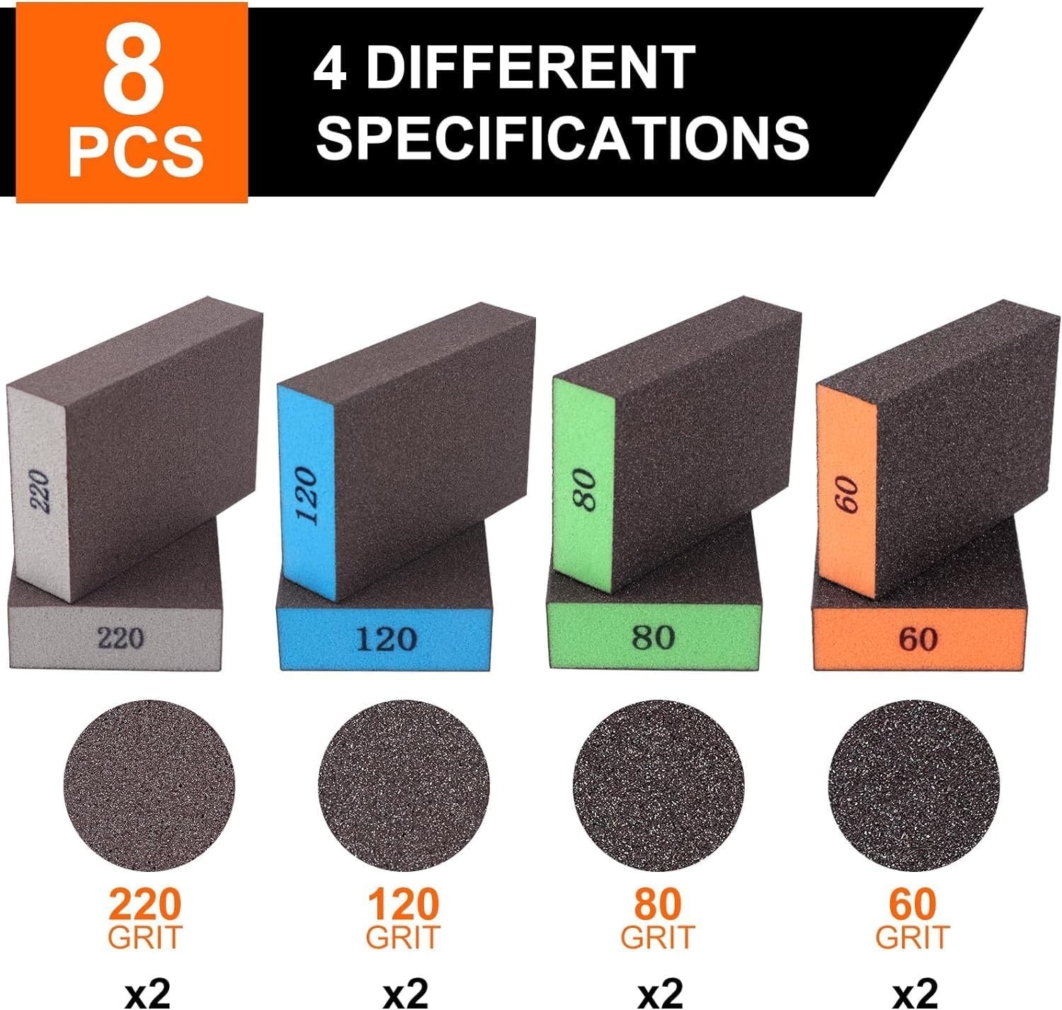 Reusable Sandpaper Sponges 8 Count with 60 80 120 220 Grit for Various Projects