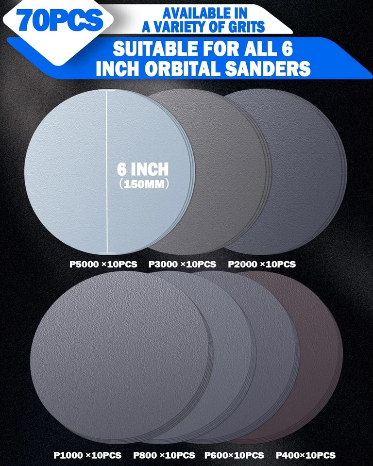 70Pcs 6 Inch Wet Dry Sanding Paper Discs Hook and Loop, 5000 3000 2000 1000 800