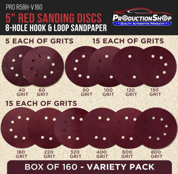160 Pack 5 inch Sanding Discs 8-Hole Red Variety Pack Grit, Hook ,Loop Sandpaper