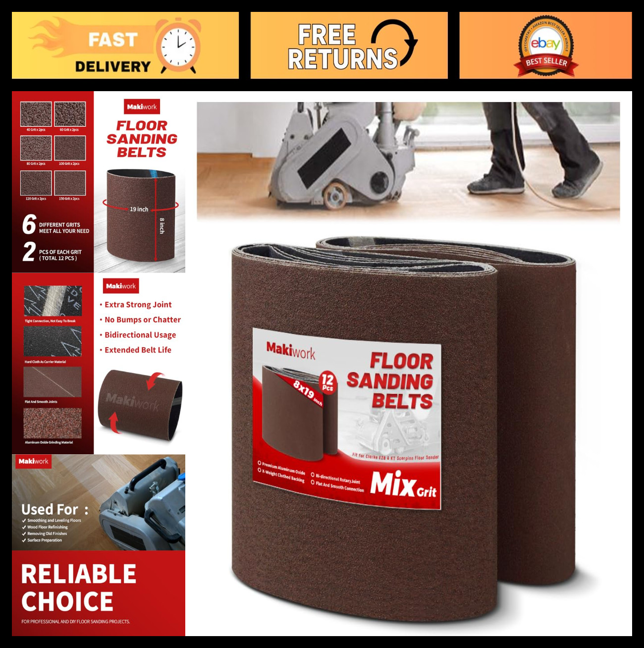 12 Pack Assorted Sanding Belts 8″x19″ – 40/60/80/100/120/150 Grits for Woodworki