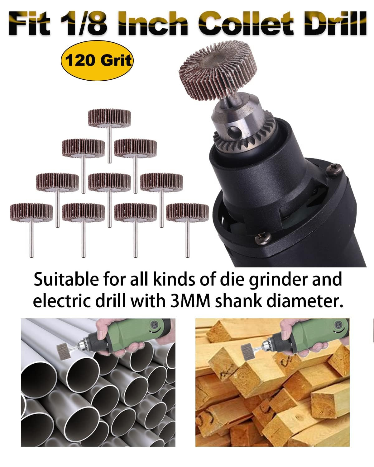 120 Grit 1/4″ Abrasive Flap Wheel Sander Set, 30 Pack | 1/8 Inch Shank (32X10X3)