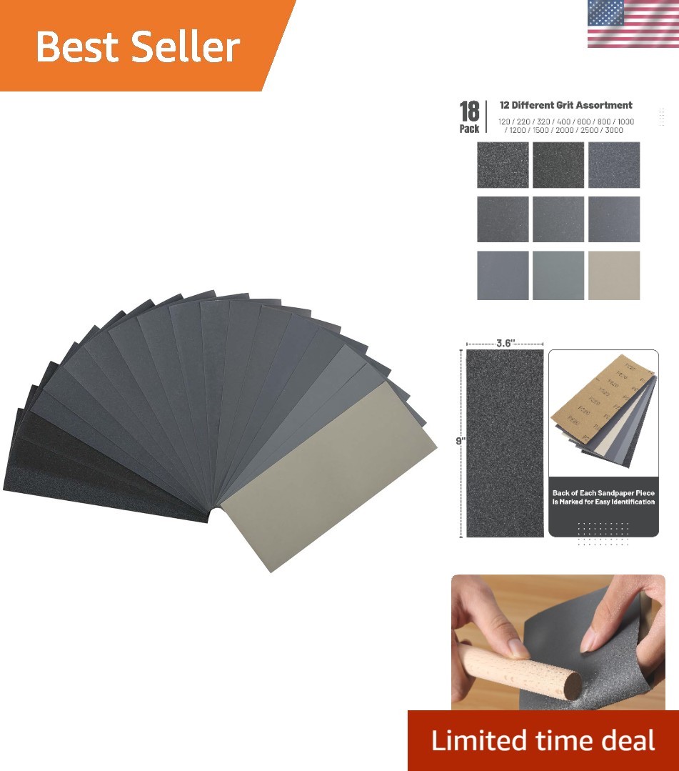 18 Sheet Sandpaper Assortment for Wood, Metal, and Automotive Projects