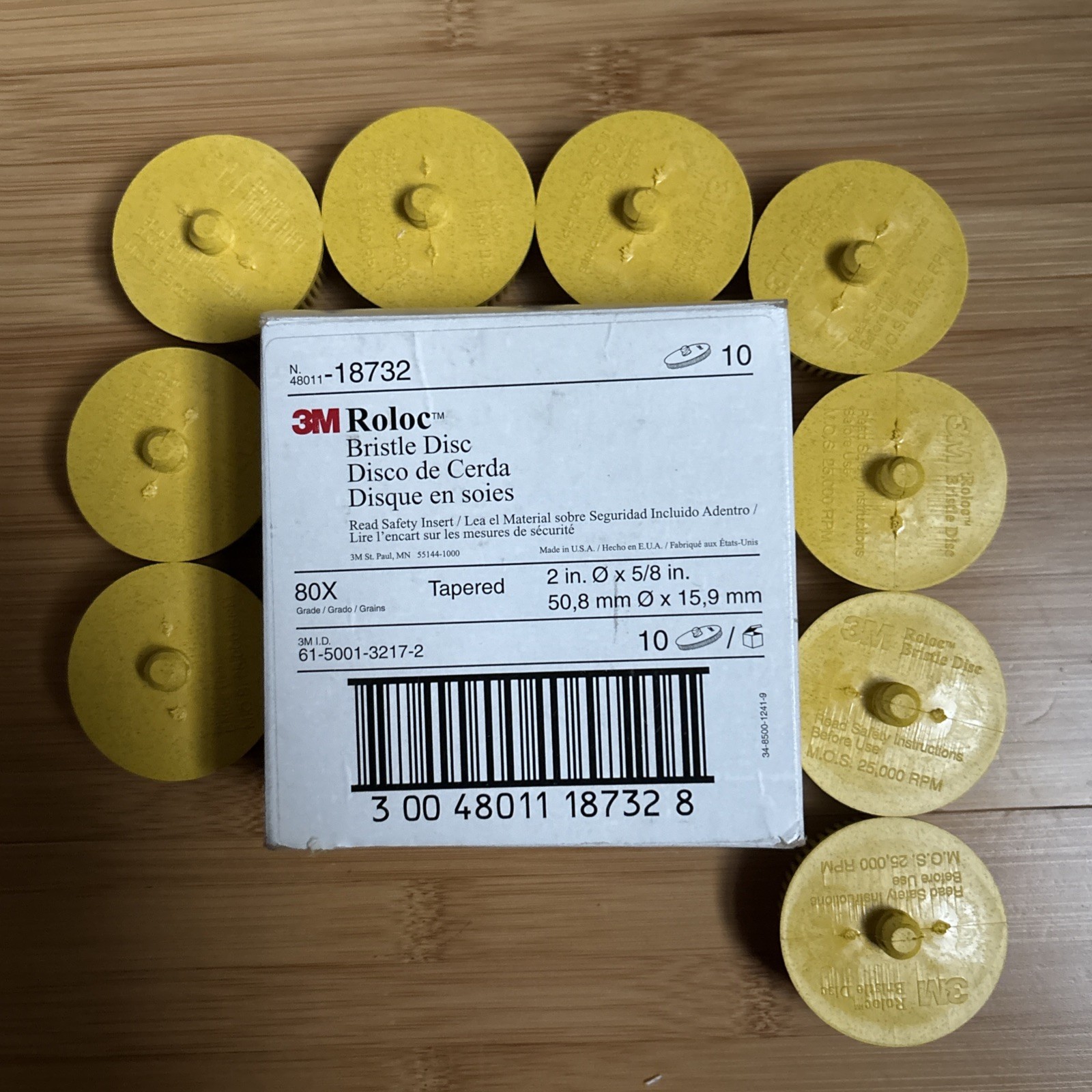 3M Scotch-Brite Roloc 2″ x 5/8″Tapered Medium Bristle Disc – Yellow 18732 9 piec