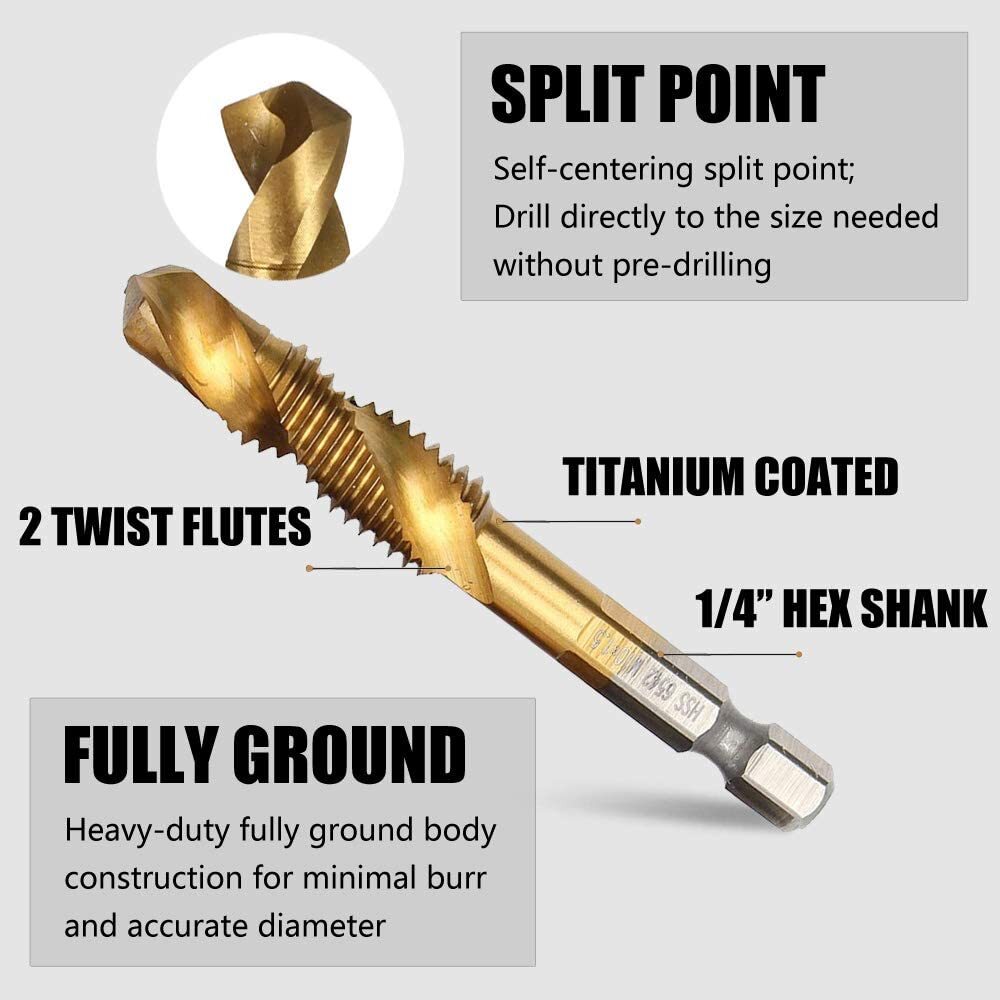 6Pcs M3-M10 Drill Spiral Tap Bits HSS 1/4” Hex Shank Metric Thread Cutter Set
