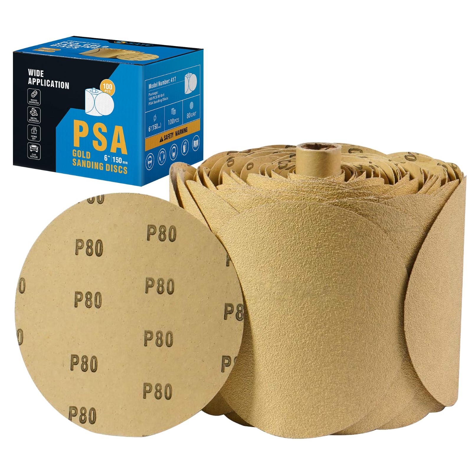 100 PCS 6″ Sanding Discs 80 Grit Adhesive Backed Sandpaper for Drill – Aluminum