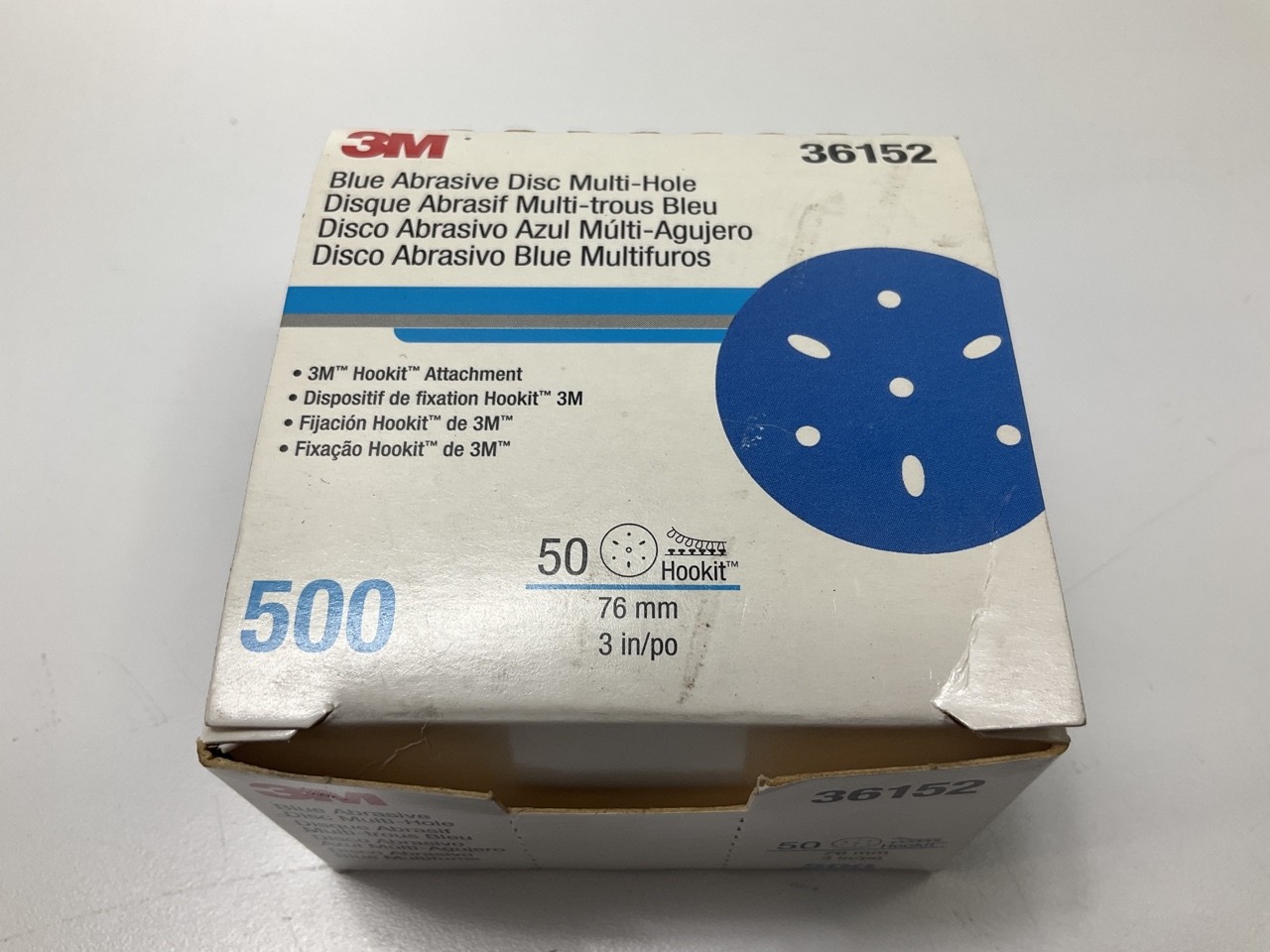 3M 36152 Hookit Blue Abrasive Sanding Disc 321U Multi-hole 3 “, 500 Grit, 50 Pcs
