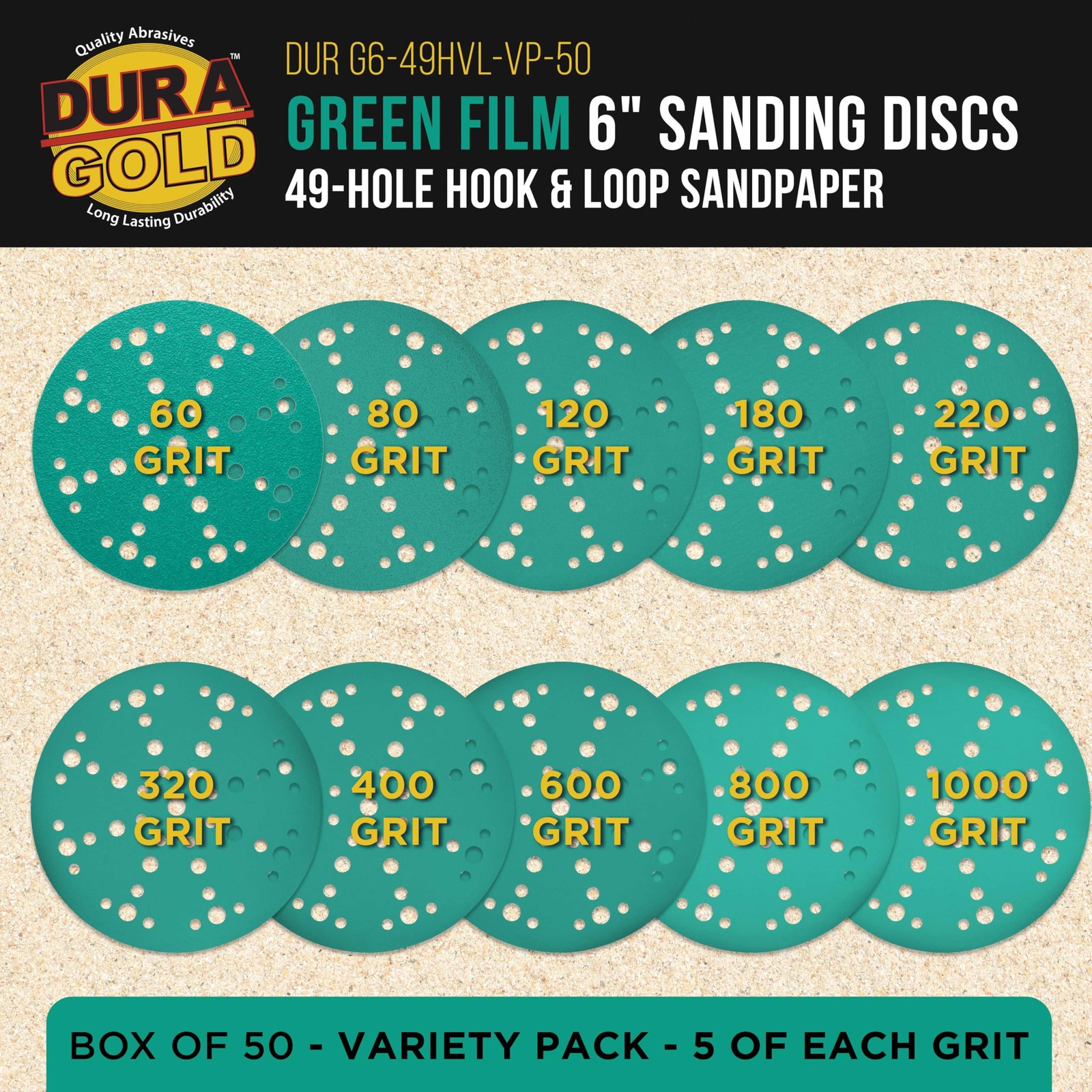 Premium 6″ Green Film Sanding Discs, 49-Hole Pattern, 50 Disc Variety Pack, G…