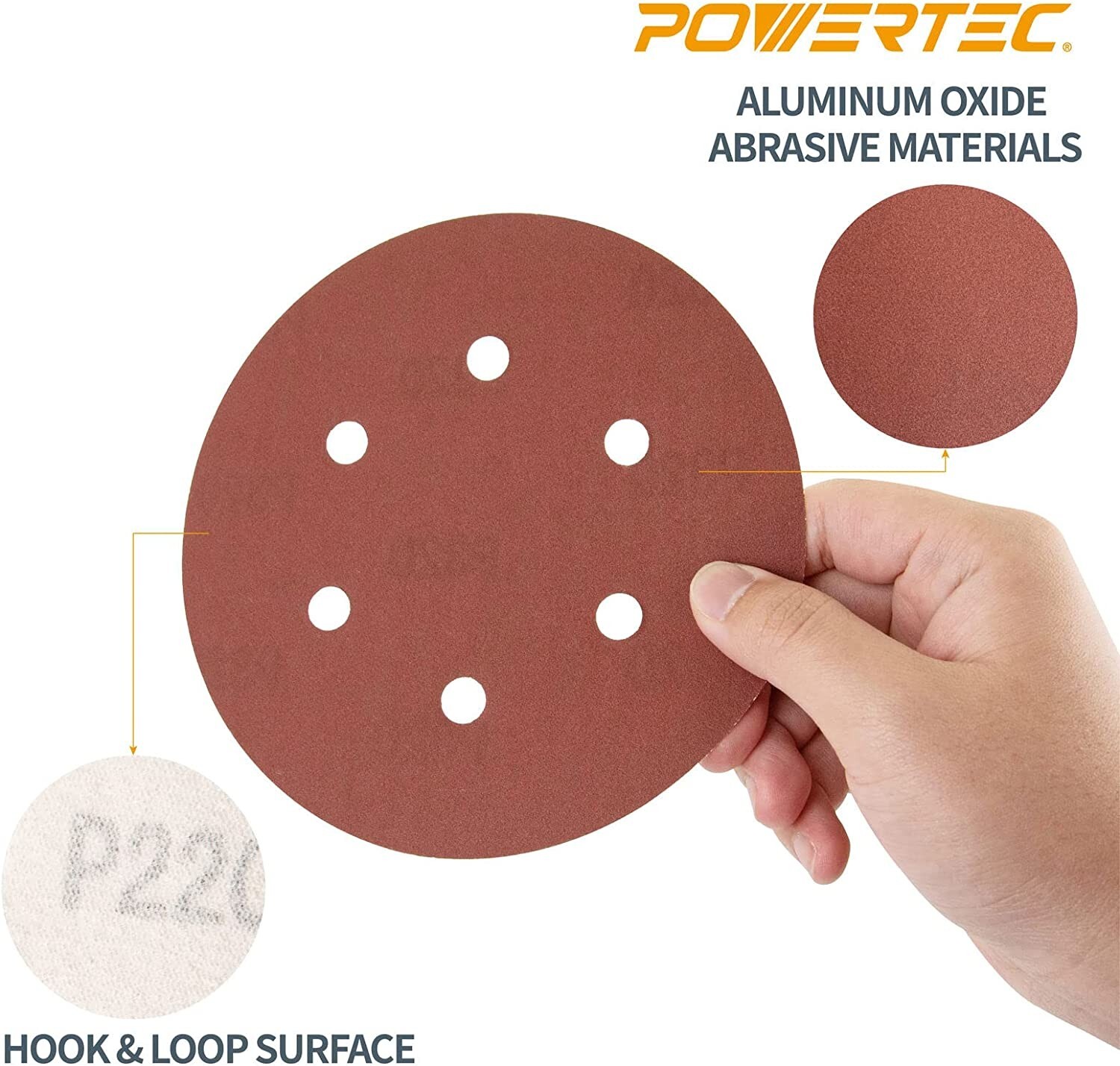 POWERTEC 45206 6 Hole Hook and Loop Sanding Disc, 6inch, Premium AO 60 Grit 25PK