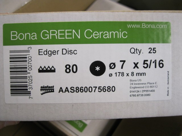 25pk,Bona Abrasives Green Ceramic Edger Disc,7×5/16 Inch,36 Grit,AAS860075680