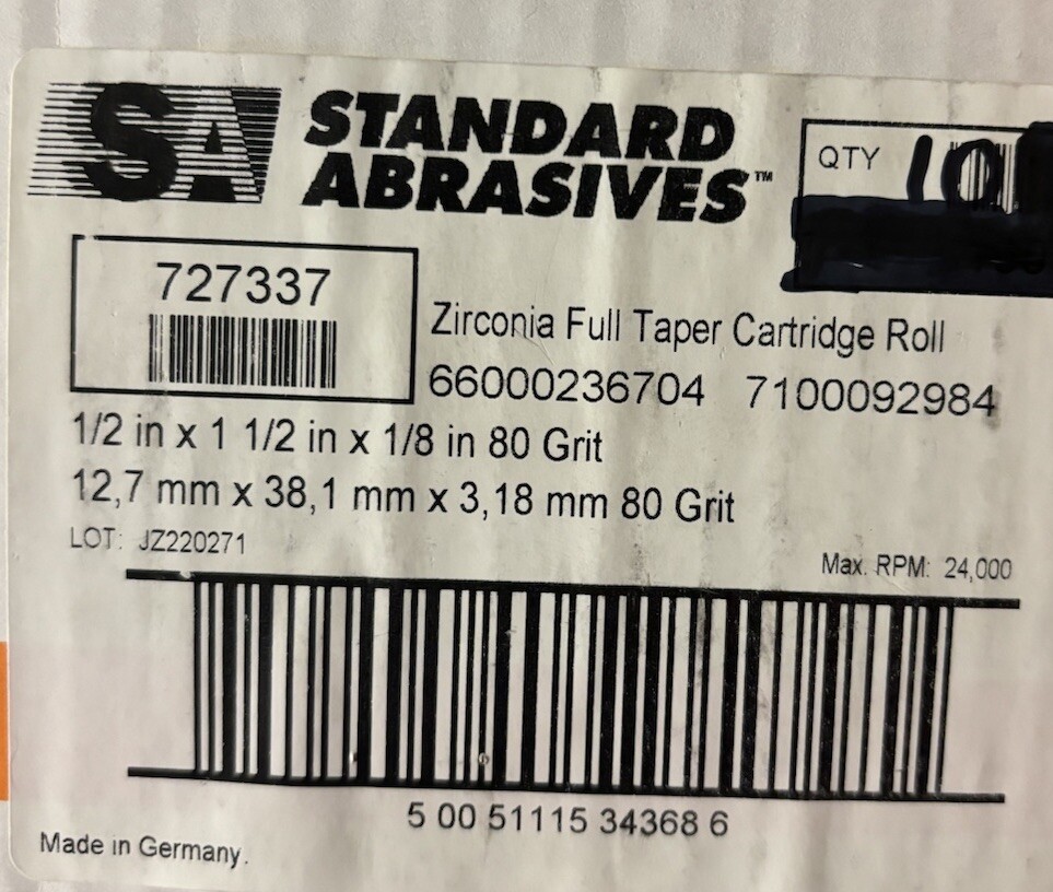 Standard Abrasives 1/2” Taper Cartridge Roll 727337 1/2X1-1/2X1/8 80G 10 Pcs