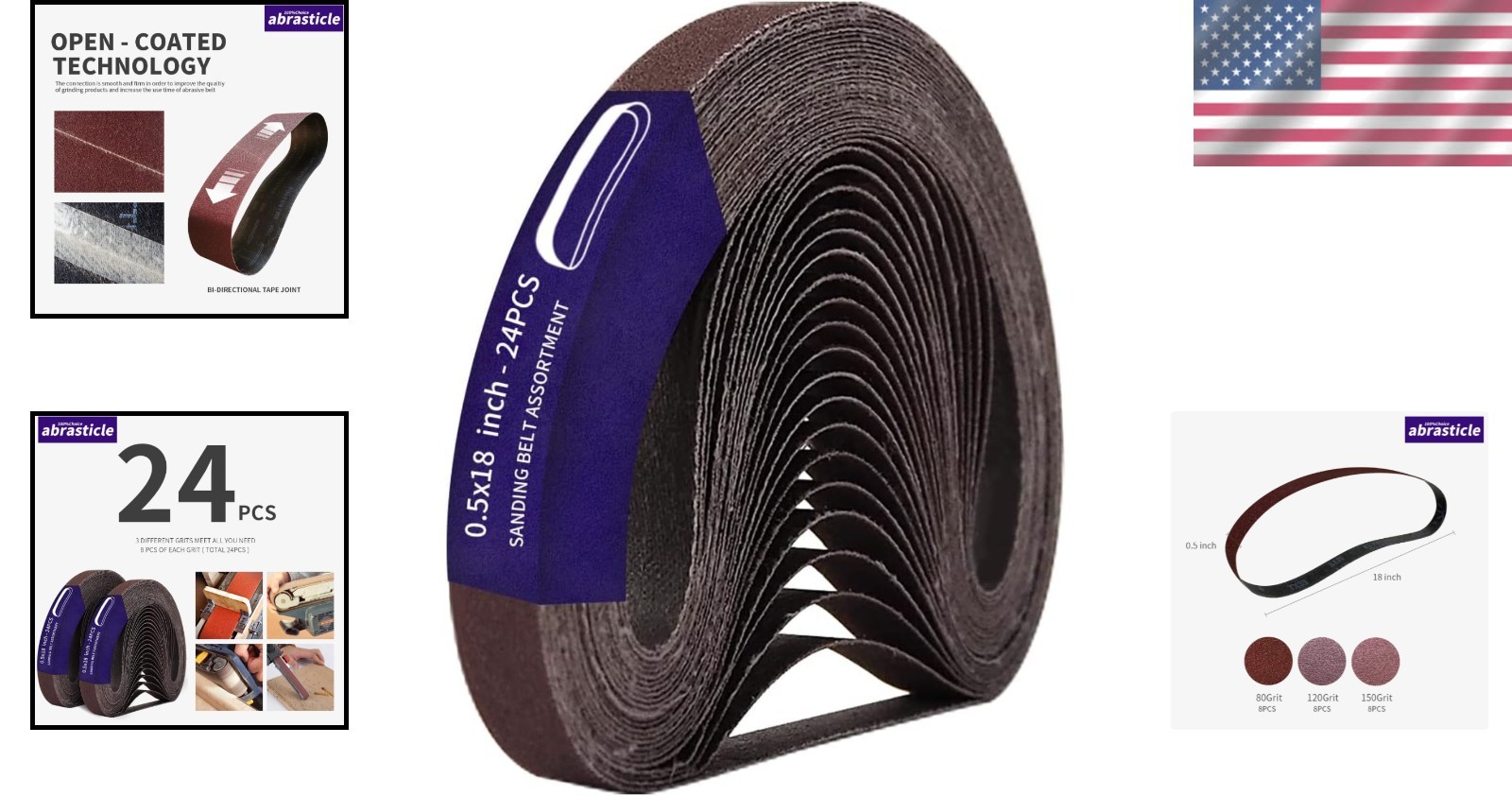 Open Coat Technology Sanding Belts – 24 Pcs, 1/2 x 18 Inches in Grits 80/120/150